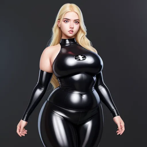 how to make image higher resolution - a woman in a black catsuit posing for a picture with her hands on her hips and her breasts exposed, by Hirohiko Araki