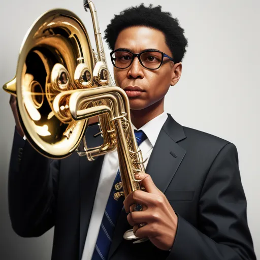 a man in a suit and tie holding a trumpet in his hand and looking at the camera with a serious look on his face, by Barkley Hendricks