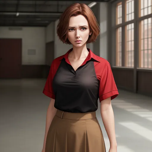 higher quality picture converter Woman in a red work shirt, short