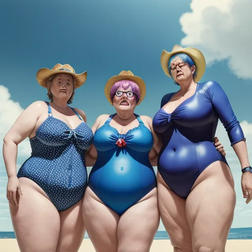 three fat women in swimsuits and hats standing on the beach together, one of them is wearing a blue bikini, by Ed Freeman