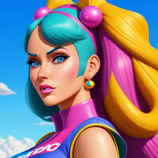 a cartoon girl with blue hair and pink hair and a ponytail with pink and blue hair and a pink top, by Daniela Uhlig