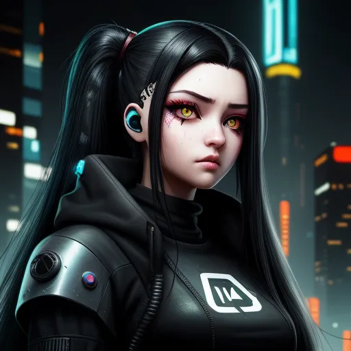 photo images - a woman with long black hair and piercings in a futuristic city at night with a neon glow on her face, by Daniela Uhlig