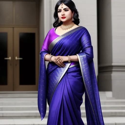 turn photo to 4k - a woman in a purple sari standing outside of a building with her hands on her hips and her hand on her hip, by Raja Ravi Varma