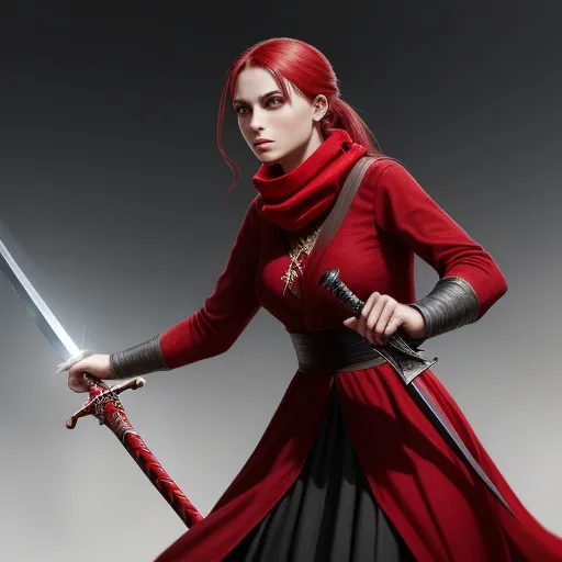 a woman in a red dress holding a sword and a sword in her hand, with a red hair and a red dress, by Daniela Uhlig