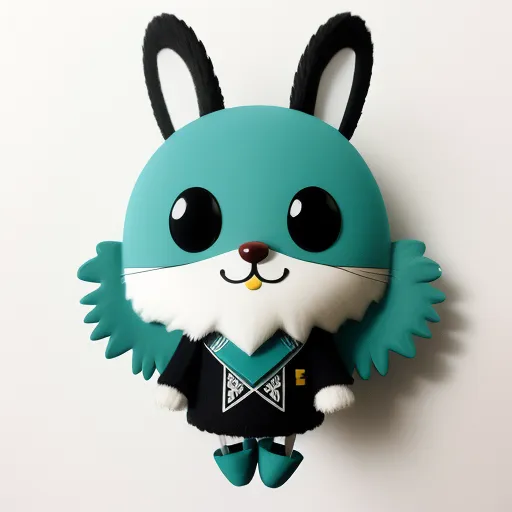 a paper sculpture of a rabbit wearing a black shirt and blue pants with a black collar and ears, hanging on a wall, by Taiyō Matsumoto