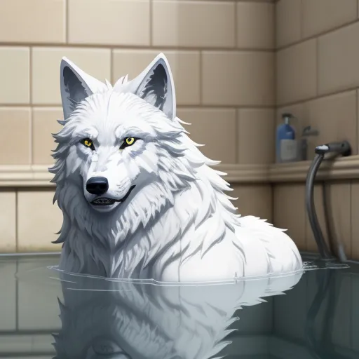 a white wolf is sitting in a bathtub with a yellow eyes and a black nose, and a black nose, by NHK Animation