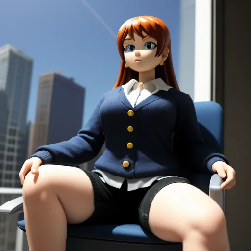 enhancer - a doll sitting on a chair in a room with a city view behind her and a building in the background, by Yoshiyuki Tomino