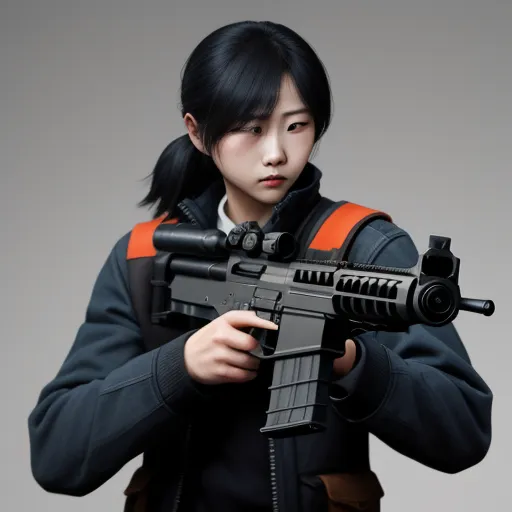 a woman holding a gun and looking at the camera with a serious look on her face and shoulder,, by Chen Daofu