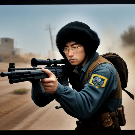 a man in a military uniform holding a rifle and wearing a hat and glasses, on a dirt road, by Zhang Kechun