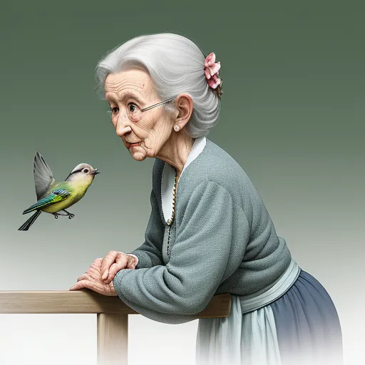 a woman is sitting on a bench and looking at a bird on her fingernails, with a green background, by Shusei Nagaoko