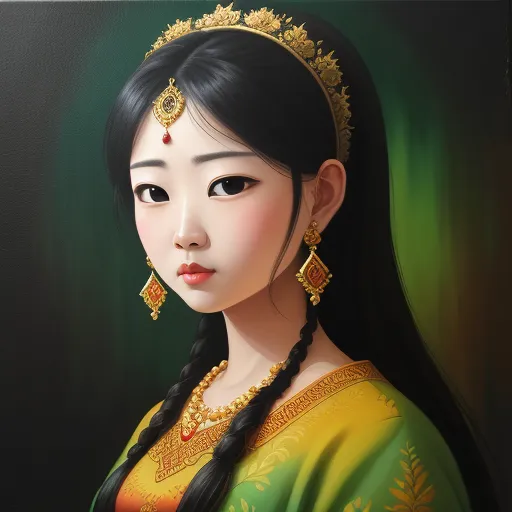 increase resolution of image - a painting of a woman wearing a tiara and earrings with a green background and a green wall behind her, by Chen Daofu