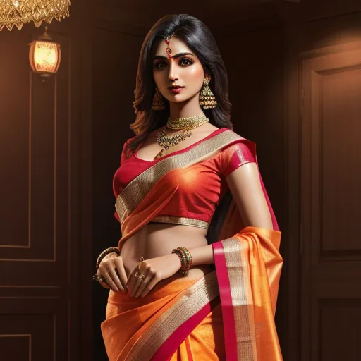 image quality lower - a woman in a red and orange sari with a gold necklace and earrings on her neck and a chandelier hanging from the ceiling, by Raja Ravi Varma