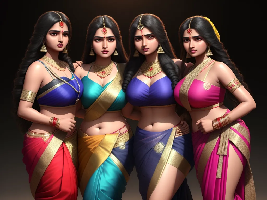 three beautiful women in sari outfits posing for a picture together, with one woman in the middle of the photo, by Raja Ravi Varma