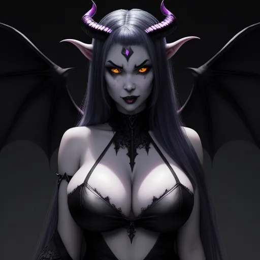 ai image from text - a woman with horns and a bra with a demon face on her chest and wings on her chest, with a demon like head and eyes, by Heinrich Danioth