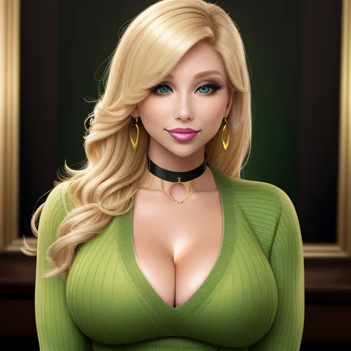a very pretty blonde woman with big breast wearing a green top and gold earrings and a choker necklace, by Hanna-Barbera