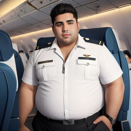 a man in a uniform is sitting on a plane and posing for a picture with his hands on his hips, by Botero