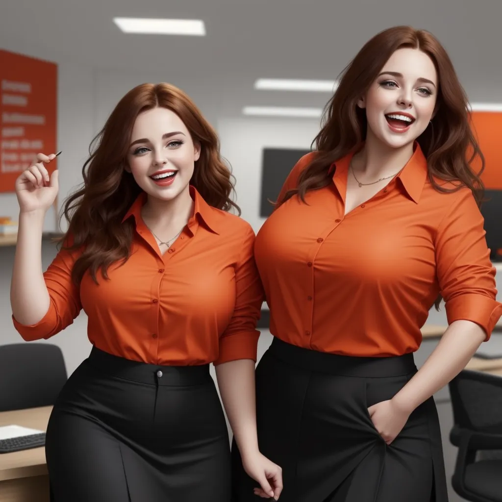 two women in orange shirts and black skirts are smiling and posing for a picture in an office setting with a computer desk and chair, by Hendrik van Steenwijk I