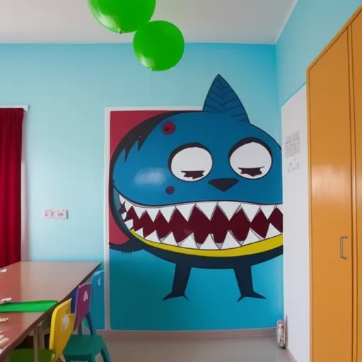 a room with a wall mural of a shark with a big mouth and a green balloon hanging from the ceiling, by Hendrik van Steenwijk I
