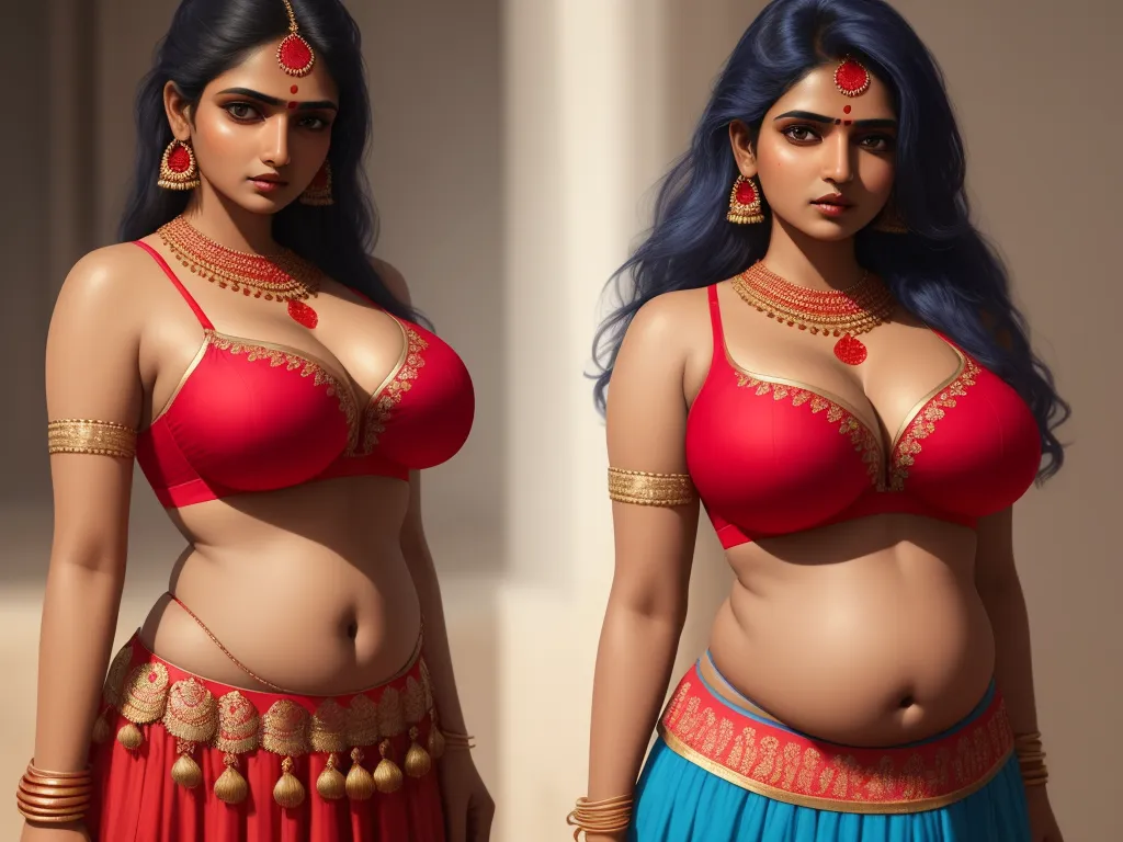 a woman in a red bra top and blue skirt with gold jewelry on her chest and a red bra, by Raja Ravi Varma