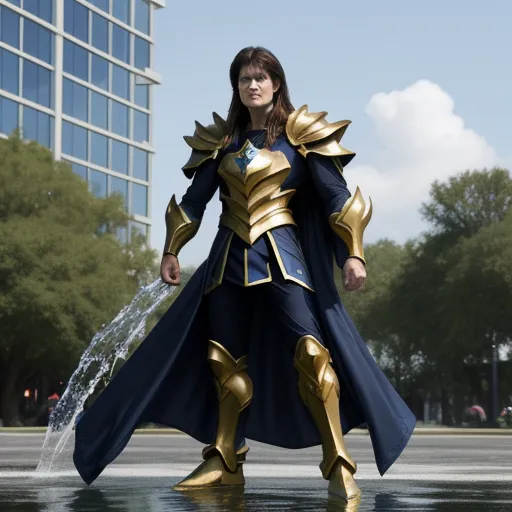 how to make image higher resolution - a woman in a blue and gold outfit standing in water with a fountain in front of her and a building in the background, by Sailor Moon