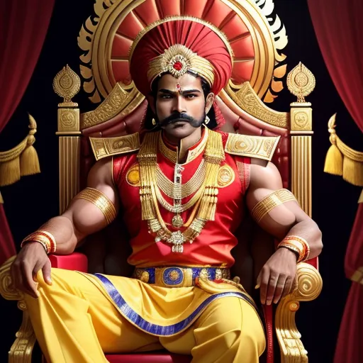 a man in a red and gold costume sitting on a throne with a mustache and a beard in his mouth, by Raja Ravi Varma