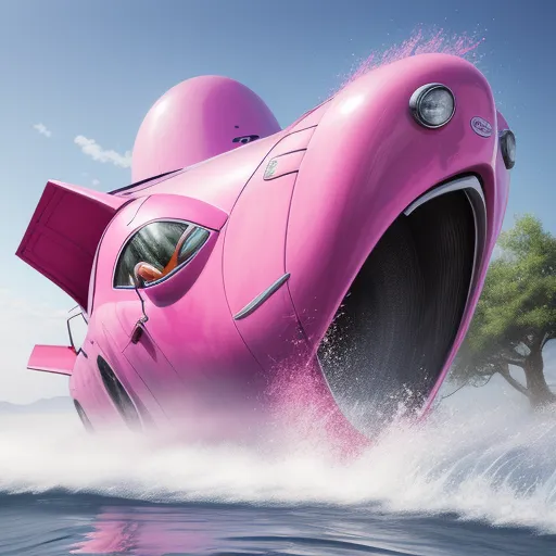 a pink car is driving through the water with a tree in the background and a blue sky above it, by Pixar Concept Artists