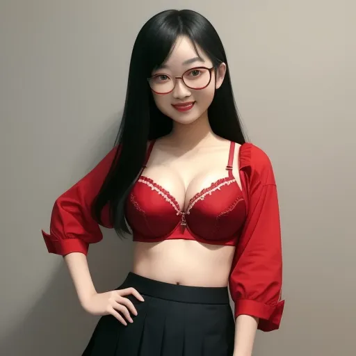 a woman in a red bra and black skirt posing for a picture with her hands on her hips and her breasts exposed, by Chen Daofu