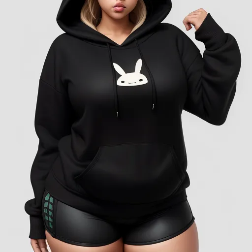 a woman wearing a black bunny hoodie and shorts with a white rabbit on the side of the hood, by Terada Katsuya