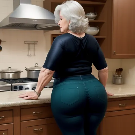 a woman in tight pants standing in a kitchen next to a stove top oven and a counter top oven, by Botero