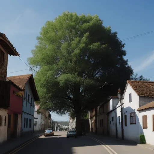 a car parked on the side of a road next to a tree and buildings on the side of the road, by Makoto Shinkai
