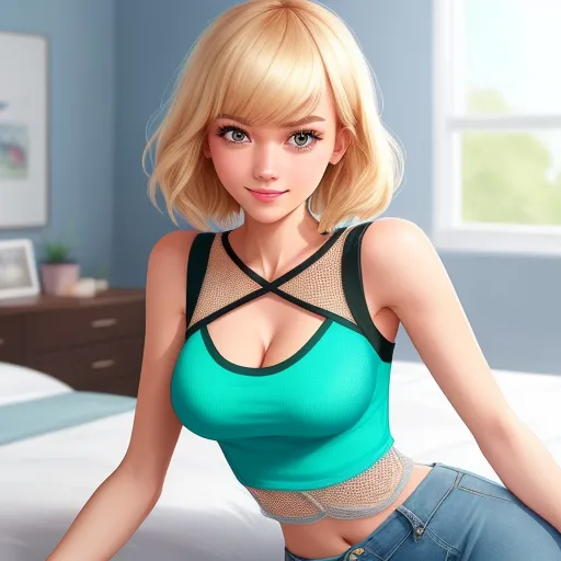 a very cute blonde girl in a blue top and jeans sitting on a bed with a big breast and a big breast, by Hsiao-Ron Cheng
