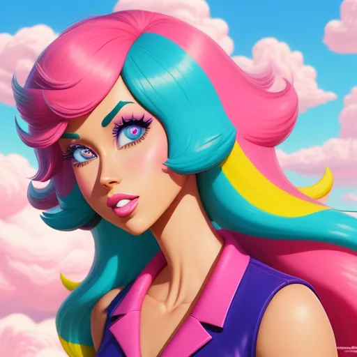 a cartoon of a woman with pink and blue hair and a pink shirt on and a pink and blue hair, by Lois van Baarle
