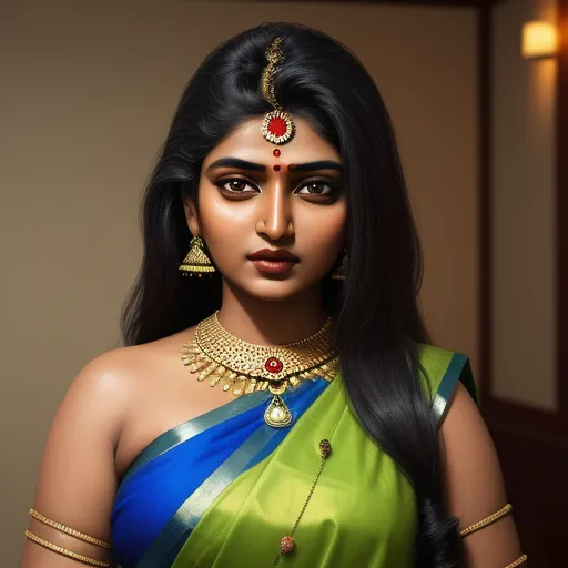 1080p to 4k converter picture - a woman in a green and blue sari with a necklace and earrings on her neck and shoulder, with a red and blue necklace on her left hand, by Johannes Vermeer