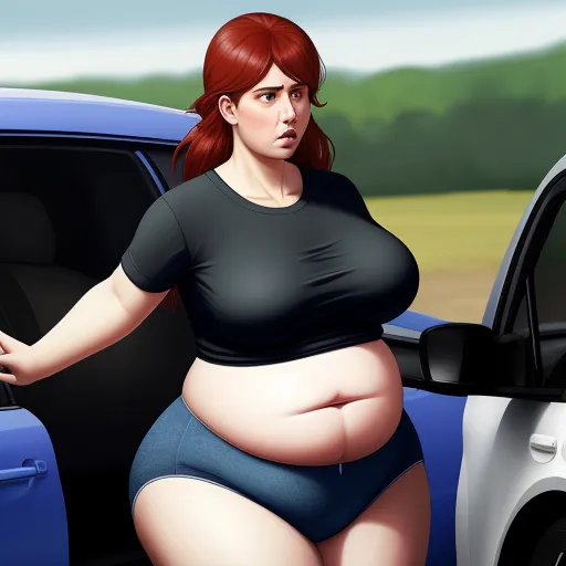 a woman in a black top and blue skirt standing next to a car with a belly exposed and a blue car door, by Lois van Baarle