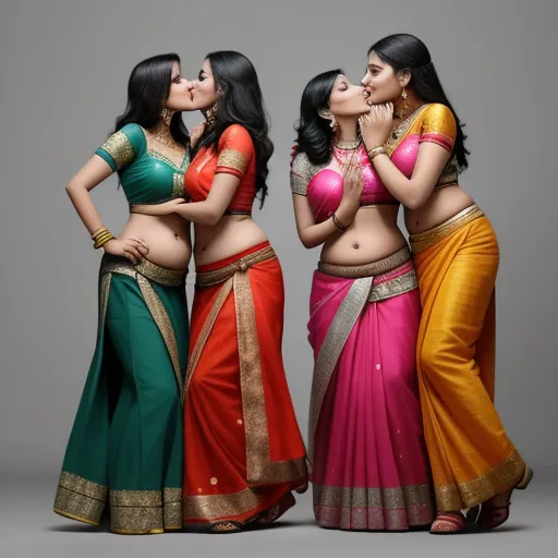 three women in colorful saris are kissing each other with their mouths open and their hands on their mouths, by Raja Ravi Varma