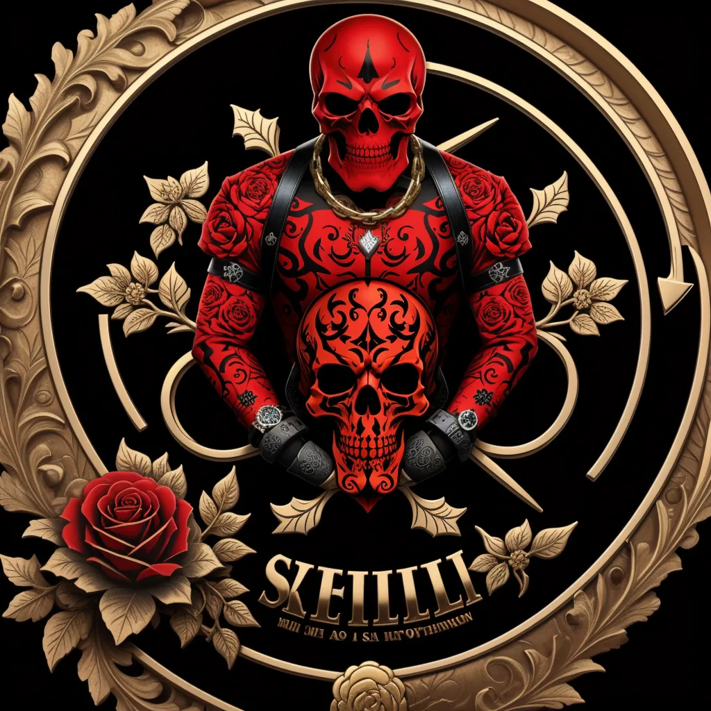 enhance image quality - a red skull with a rose on it's chest and a sword in his hand, in a gold frame, by Kehinde Wiley