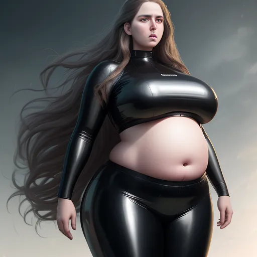 hd images - a woman in a black latex outfit with long hair and a large breast is standing in the sky, by Terada Katsuya