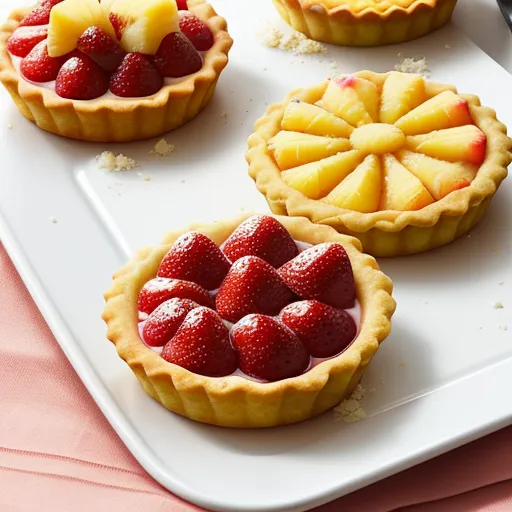 best ai text to image generator - a tray with four pies on it and a fork on the side of the tray with a pink table cloth, by Anne Truitt