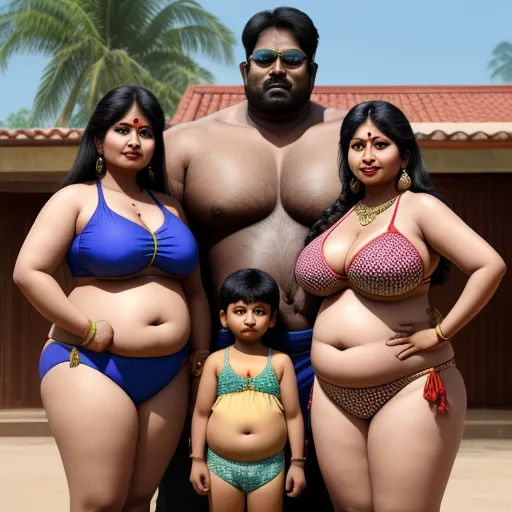 text to image generator ai - a group of three women and a man standing next to each other in bikinis and bikini bottoms, with a man in the background, by Botero