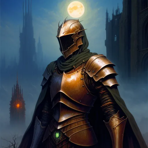 free ai text to image - a man in a knight suit standing in front of a castle with a full moon in the background and a castle in the background, by Heinrich Danioth