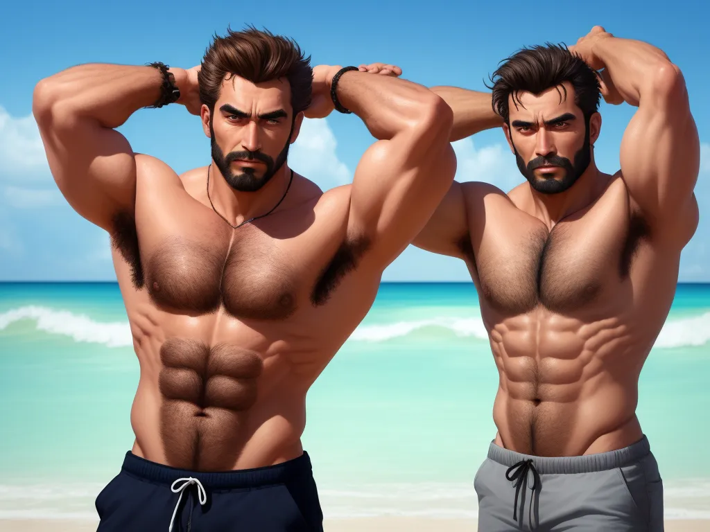 two men standing next to each other on a beach with their arms behind their heads and their backs behind their backs, by Lois van Baarle