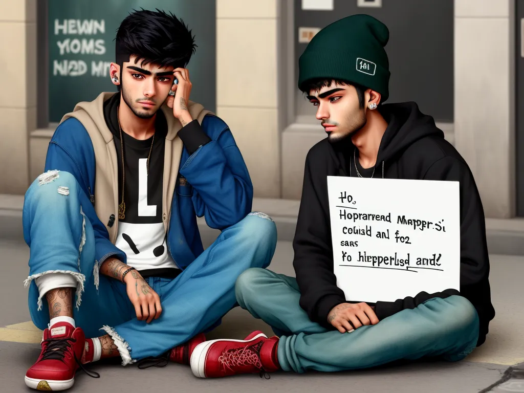 two young men sitting on the ground with a sign in front of them that says he is a homeless man, by Hanna-Barbera