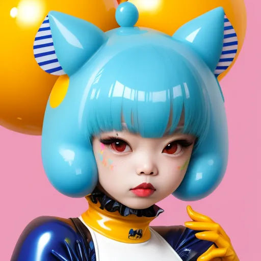 4k to 1080p converter - a cartoon character with blue hair and a blue wig and a yellow balloon on her head, wearing a white shirt and blue and yellow rubber gloves, by Terada Katsuya