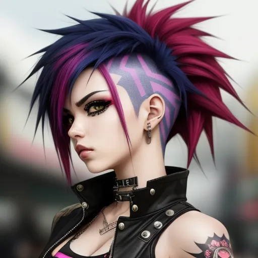 how to change resolution of image - a woman with purple hair and piercings on her head and chest, wearing a black leather jacket and pink and black hair, by Terada Katsuya