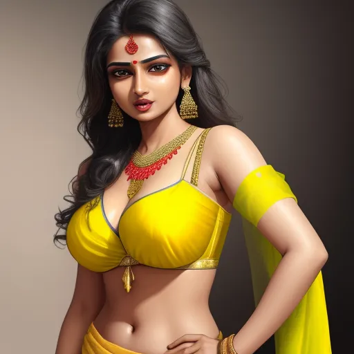 best free ai image generator - a woman in a yellow sari and a yellow blouse with a red necklace and earrings on her head, by Raja Ravi Varma