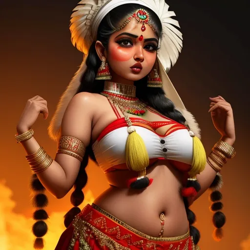 image high - a woman in a costume standing in front of a fire background with a headdress on her head, by Raja Ravi Varma