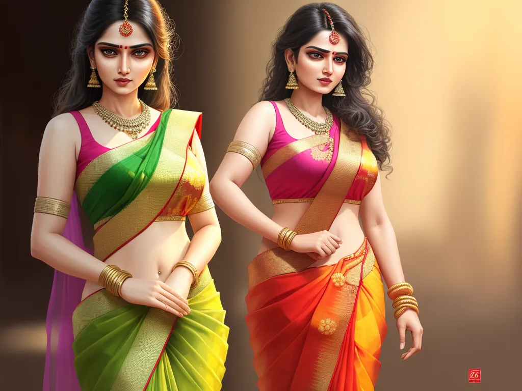 how to increase image resolution - two women in sari are standing next to each other, one is wearing a necklace and the other is wearing a necklace, by Raja Ravi Varma