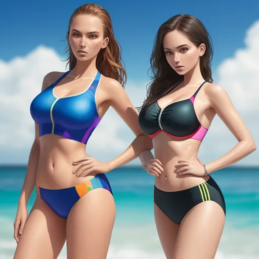 1080p to 4k converter picture - two beautiful women in bikinis standing on a beach next to the ocean, with a blue sky in the background, by Chen Daofu