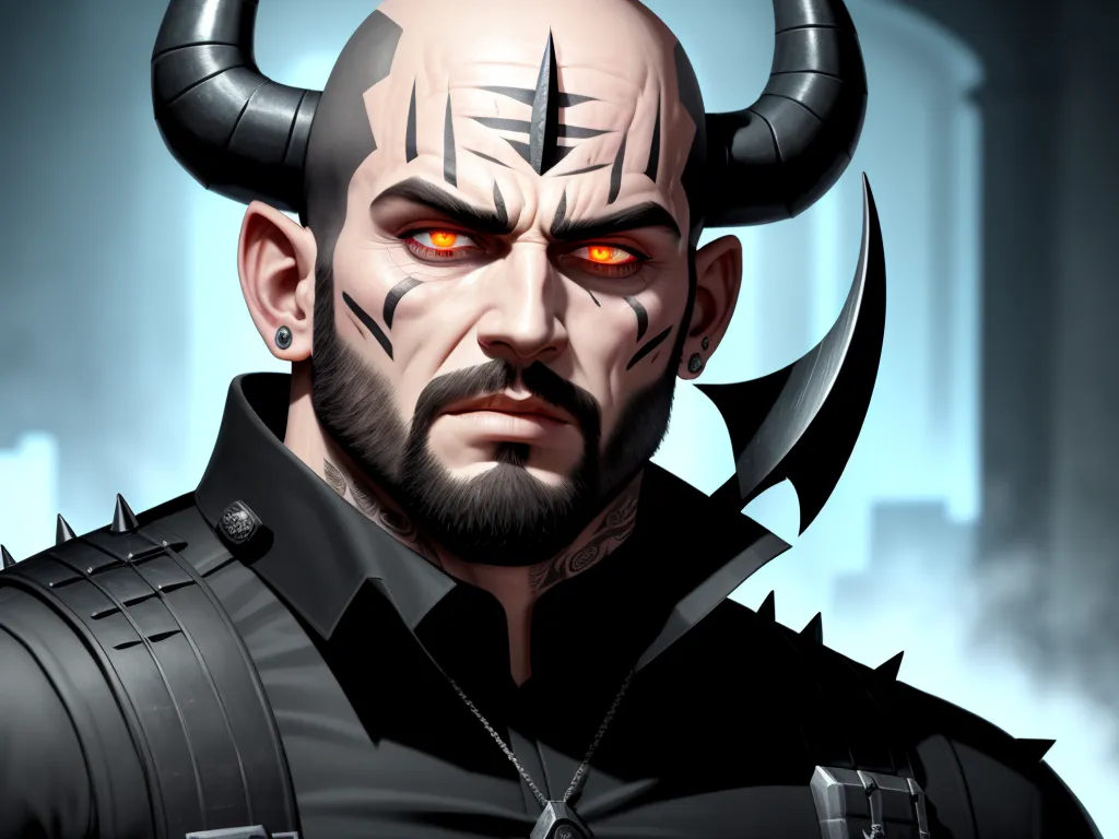 free hd online - a man with horns and a beard with red eyes and a black outfit with horns and a black shirt, by François Quesnel
