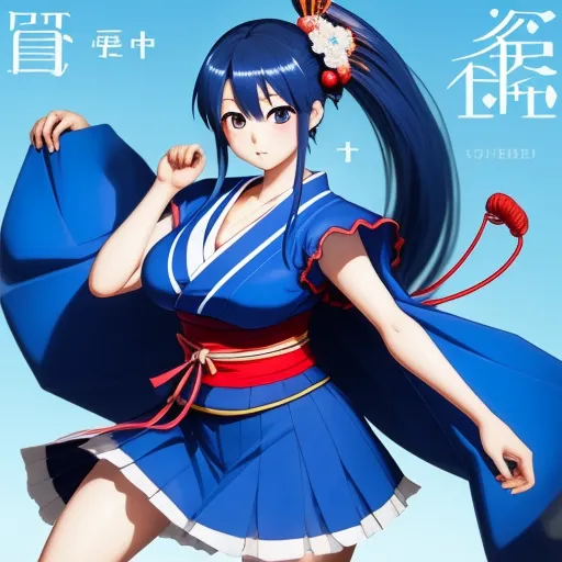 ai based photo editor - a woman in a blue dress holding a blue umbrella and a red ribbon around her neck and a blue background, by Baiōken Eishun
